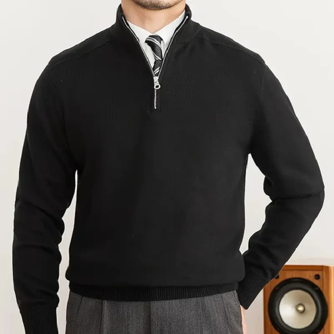 Knit Sweater – Soft Blend High Collar Half Zip & Ribbed Hem