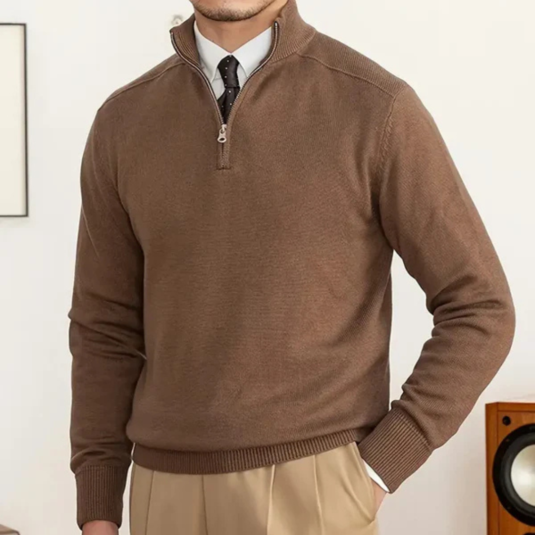 Knit Sweater – Soft Blend High Collar Half Zip & Ribbed Hem